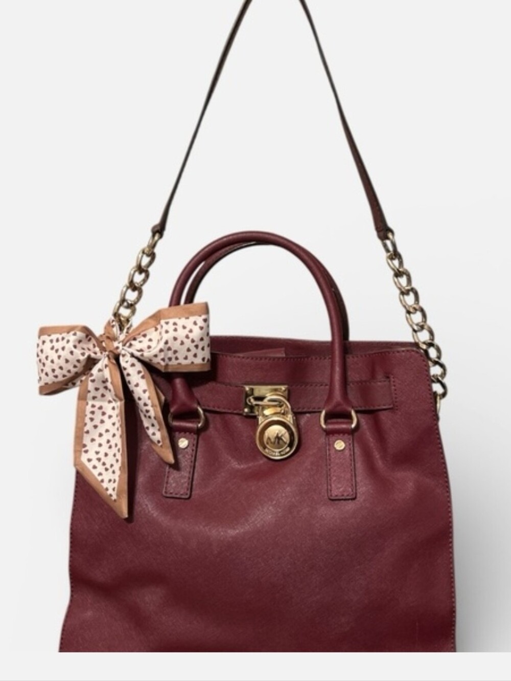 Michael Kors Hamilton Large Saffiano Leather Tote Bag Merlot Burgundy Gold